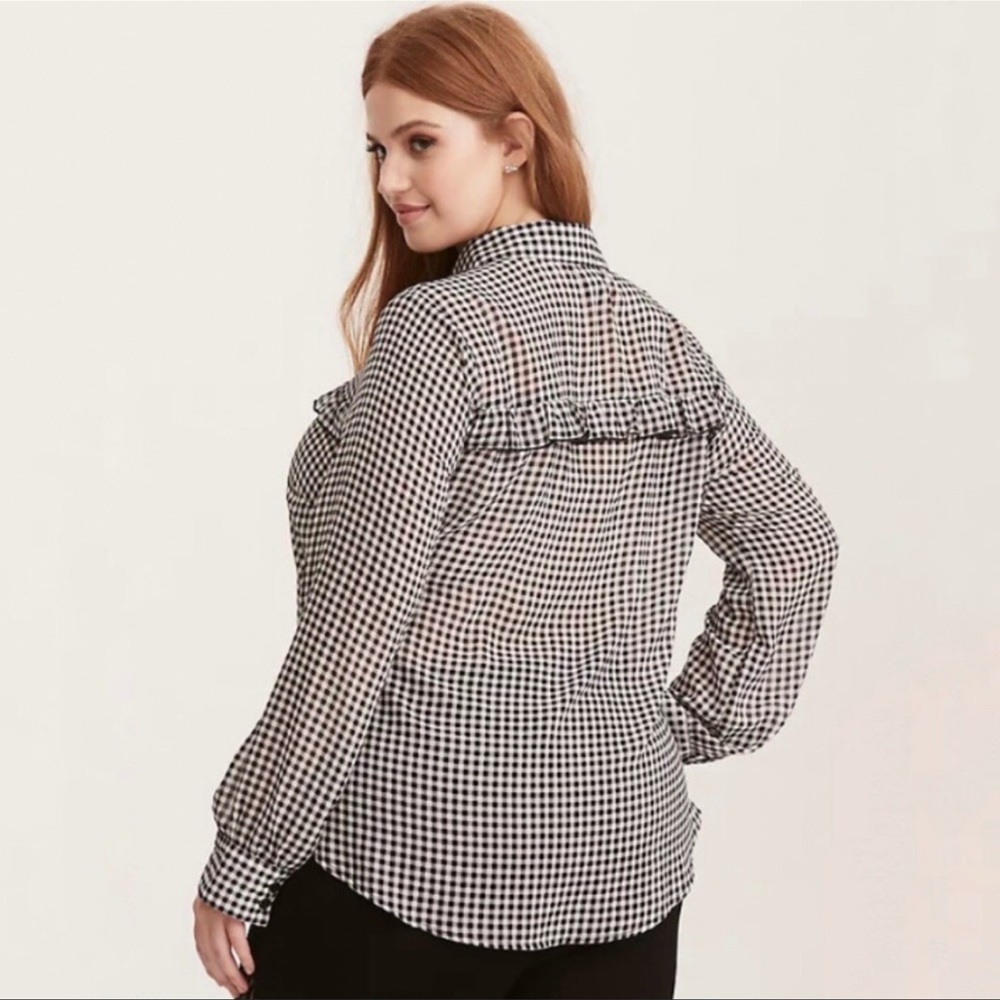 Torrid Sheer Checkered Ruffle Button Down - Picture 2 of 8